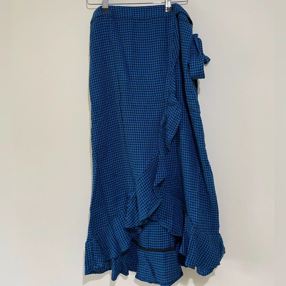 Hush Zuri Blue Black Houndstooth Check Ruffle Frill Wrap Skirt Size 10 Midi - Picture 1 of 9